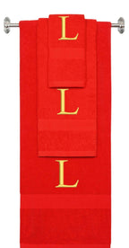 Red monogrammed towel set with Gold thread, Times New Roman font, initial L - 540 GSM cotton 3-piece