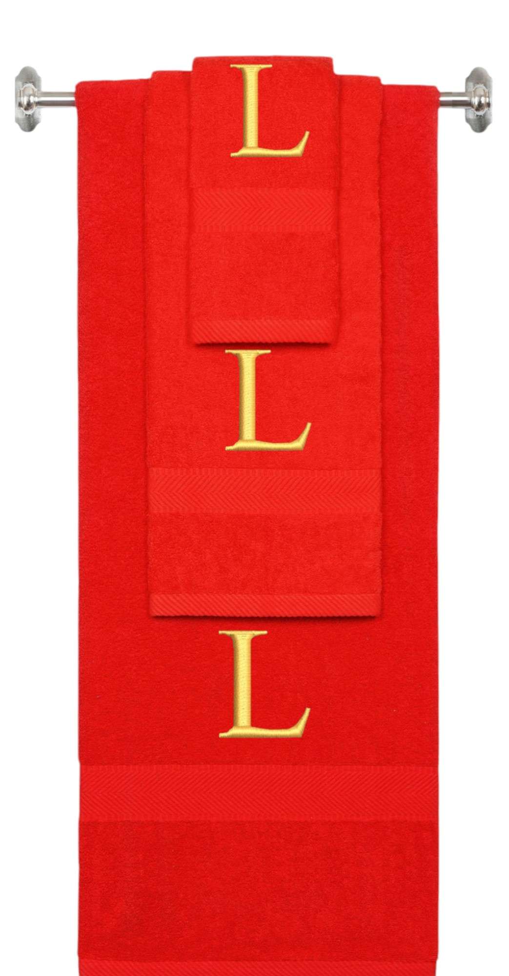 Red monogrammed towel set with Gold thread, Times New Roman font, initial L - 540 GSM cotton 3-piece