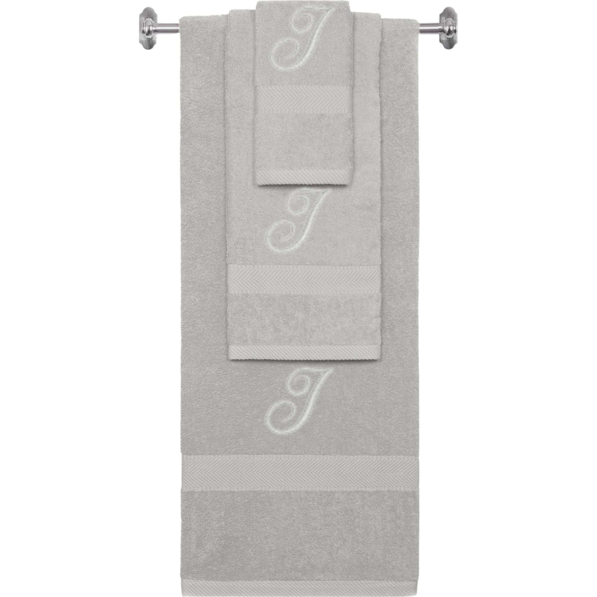 Silver monogrammed towel set with Silver thread, Diana Script font, initial I - 540 GSM cotton 3-piece