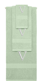 Mint Green monogrammed towel set with Silver thread, Times New Roman font, initial V - 540 GSM cotton 3-piece