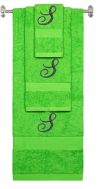 Lime monogrammed towel set with Black thread, Diana Script font, initial S - 540 GSM cotton 3-piece