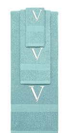 Nautical Teal monogrammed towel set with White thread, Times New Roman font, initial V - 540 GSM cotton 3-piece