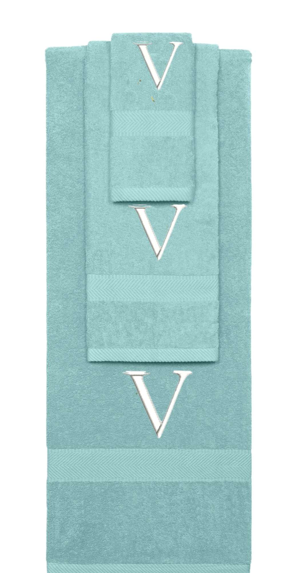 Nautical Teal monogrammed towel set with White thread, Times New Roman font, initial V - 540 GSM cotton 3-piece