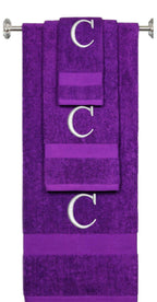 Purple monogrammed towel set with Silver thread, Times New Roman font, initial C - 540 GSM cotton 3-piece