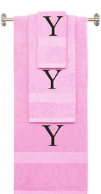 Pink monogrammed towel set with Black thread, Times New Roman font, initial Y - 540 GSM cotton 3-piece