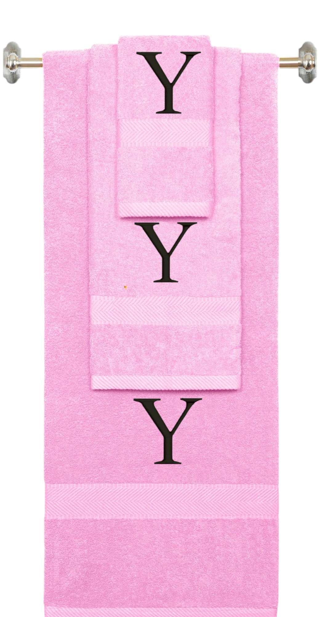 Pink monogrammed towel set with Black thread, Times New Roman font, initial Y - 540 GSM cotton 3-piece