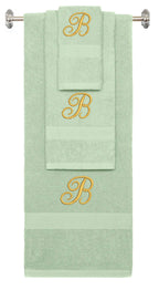 Mint Green monogrammed towel set with Gold thread, Diana Script font, initial B - 540 GSM cotton 3-piece