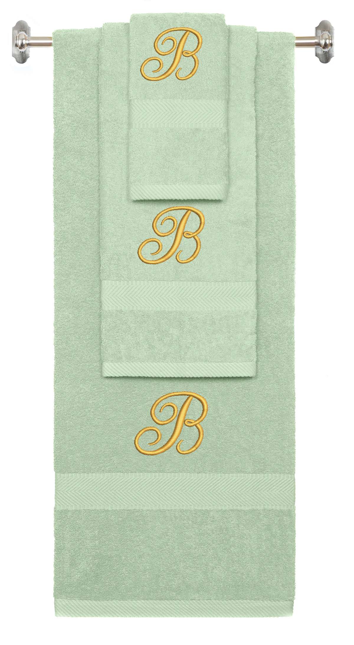 Mint Green monogrammed towel set with Gold thread, Diana Script font, initial B - 540 GSM cotton 3-piece