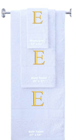 White monogrammed towel set with Gold thread, Times New Roman font, initial E - 540 GSM cotton 3-piece