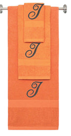 Orange monogrammed towel set with Black thread, Diana Script font, initial I - 540 GSM cotton 3-piece