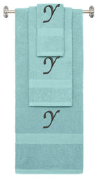 Nautical Teal monogrammed towel set with Black thread, Chancery font, initial Y - 540 GSM cotton 3-piece