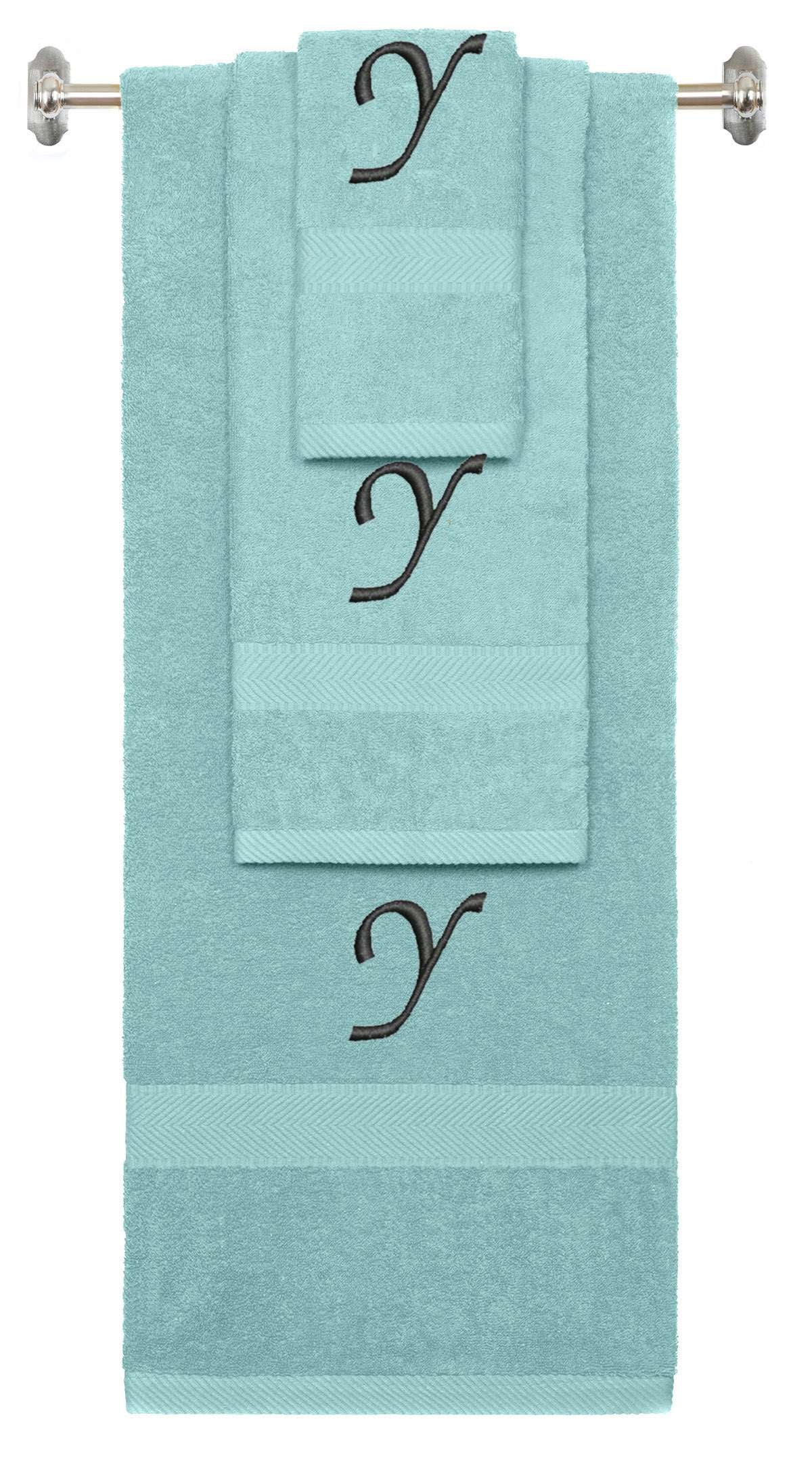 Nautical Teal monogrammed towel set with Black thread, Chancery font, initial Y - 540 GSM cotton 3-piece