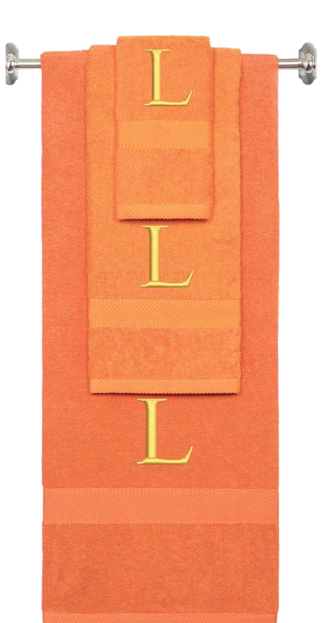 Orange monogrammed towel set with Gold thread, Times New Roman font, initial L - 540 GSM cotton 3-piece