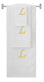 White monogrammed towel set with Gold thread, Chancery font, initial L - 540 GSM cotton 3-piece