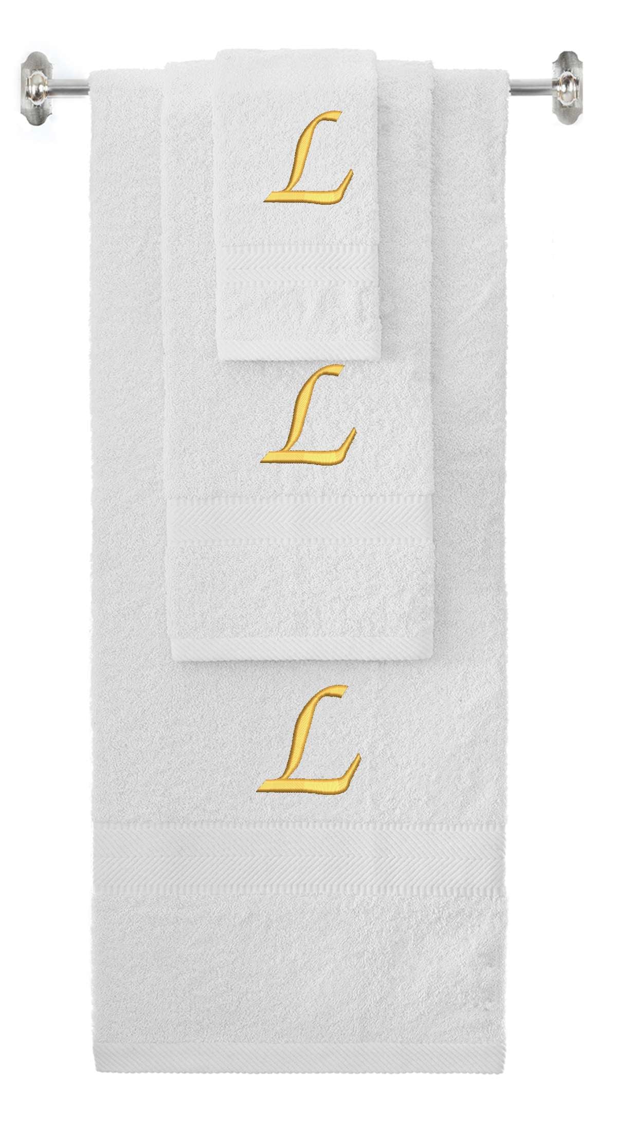 White monogrammed towel set with Gold thread, Chancery font, initial L - 540 GSM cotton 3-piece