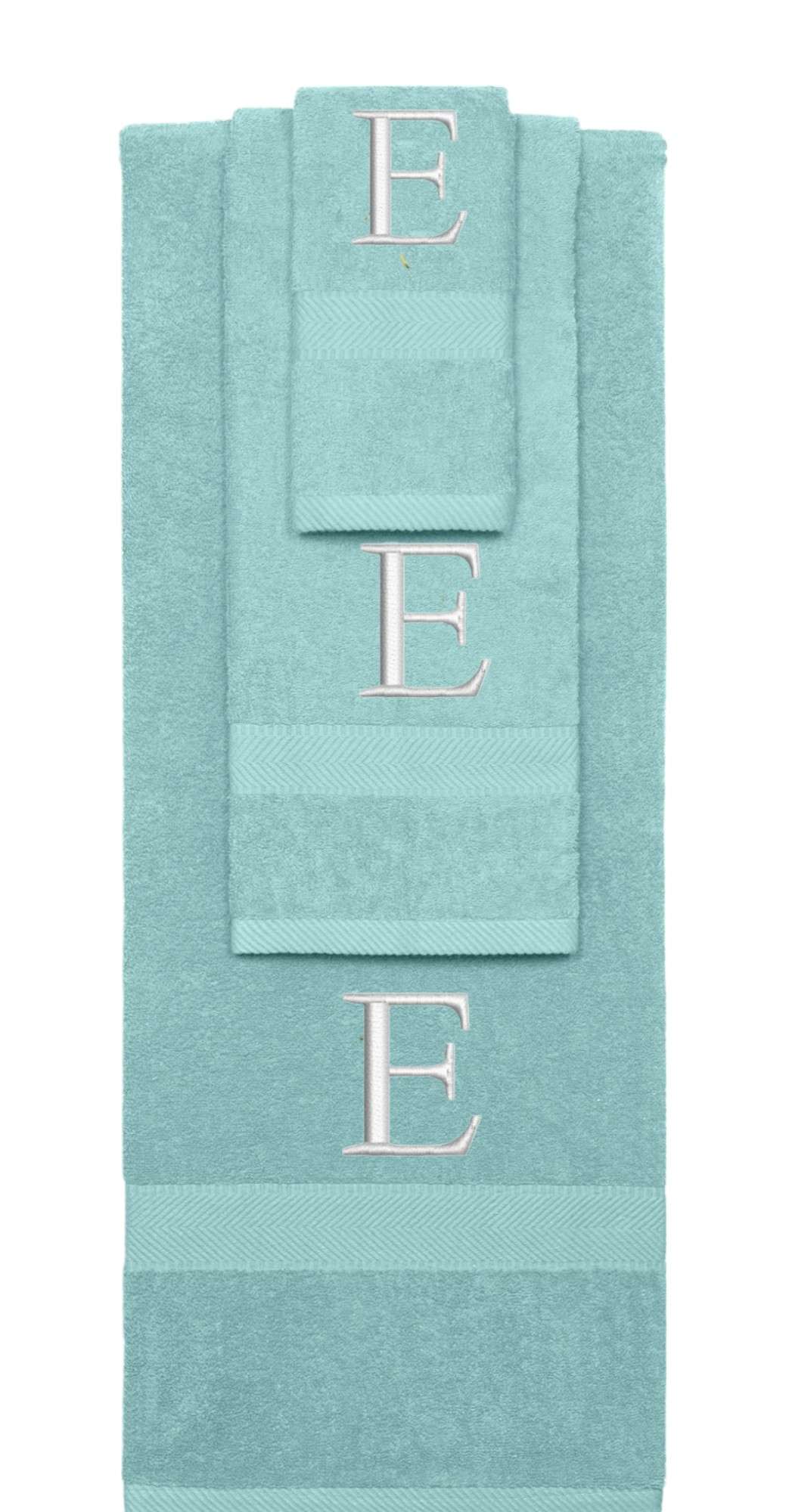 Nautical Teal monogrammed towel set with Silver thread, Times New Roman font, initial E - 540 GSM cotton 3-piece