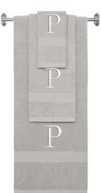 Silver monogrammed towel set with Silver thread, Times New Roman font, initial P - 540 GSM cotton 3-piece
