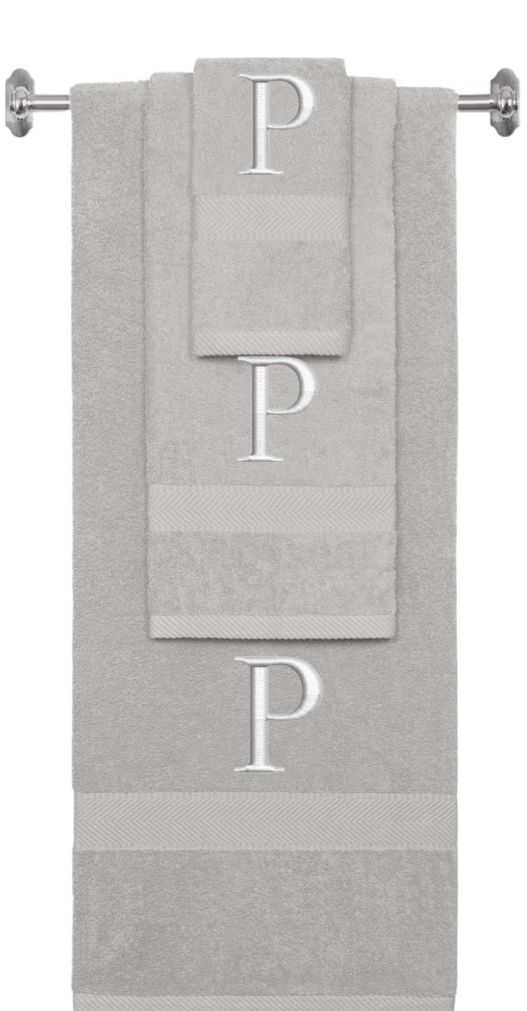Silver monogrammed towel set with Silver thread, Times New Roman font, initial P - 540 GSM cotton 3-piece