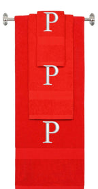 Red monogrammed towel set with Silver thread, Times New Roman font, initial P - 540 GSM cotton 3-piece