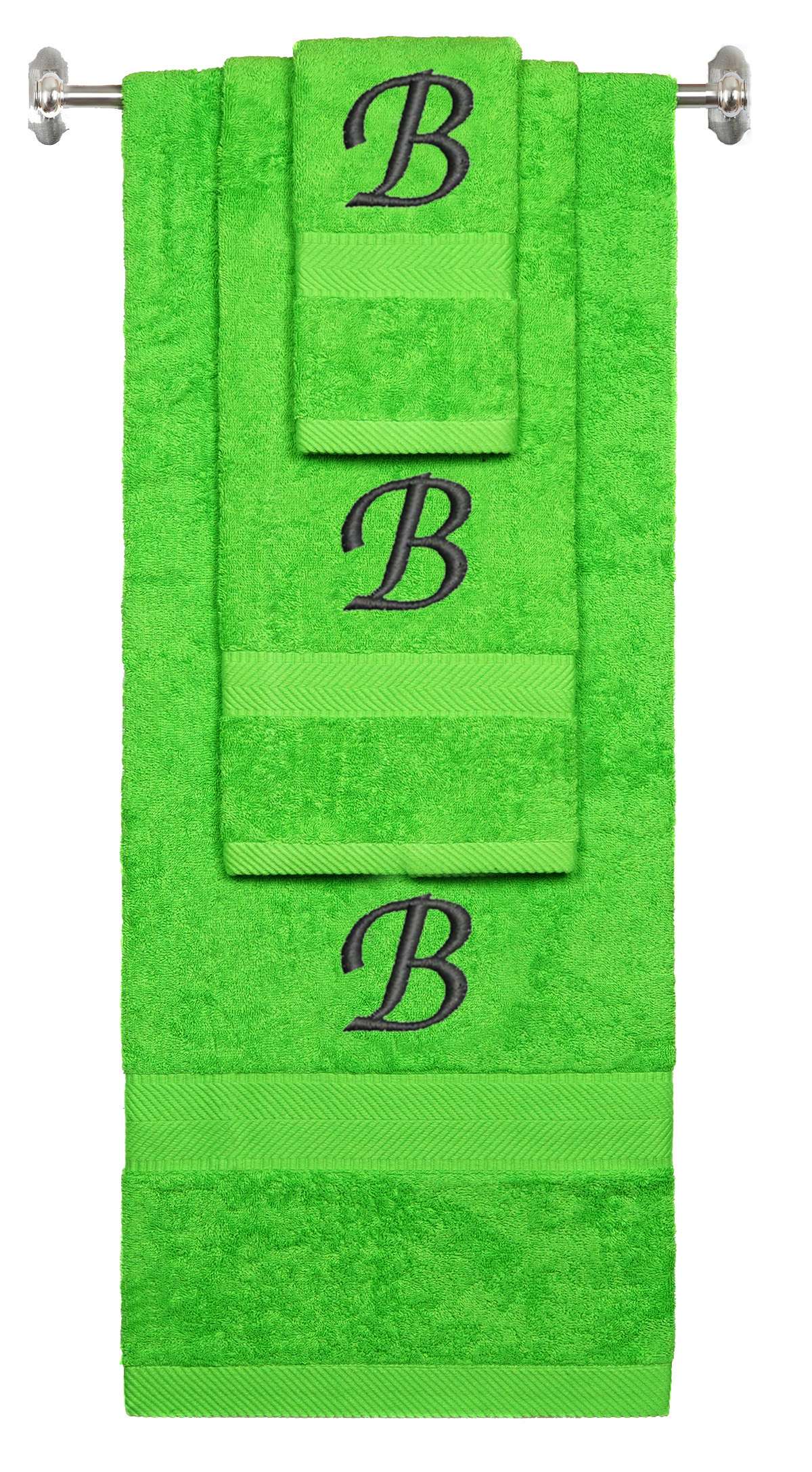 Lime monogrammed towel set with Black thread, Chancery font, initial B - 540 GSM cotton 3-piece