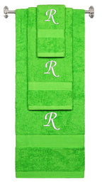 Lime monogrammed towel set with White thread, Chancery font, initial R - 540 GSM cotton 3-piece