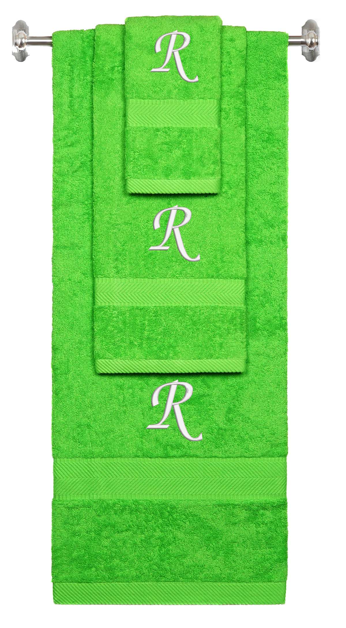 Lime monogrammed towel set with White thread, Chancery font, initial R - 540 GSM cotton 3-piece