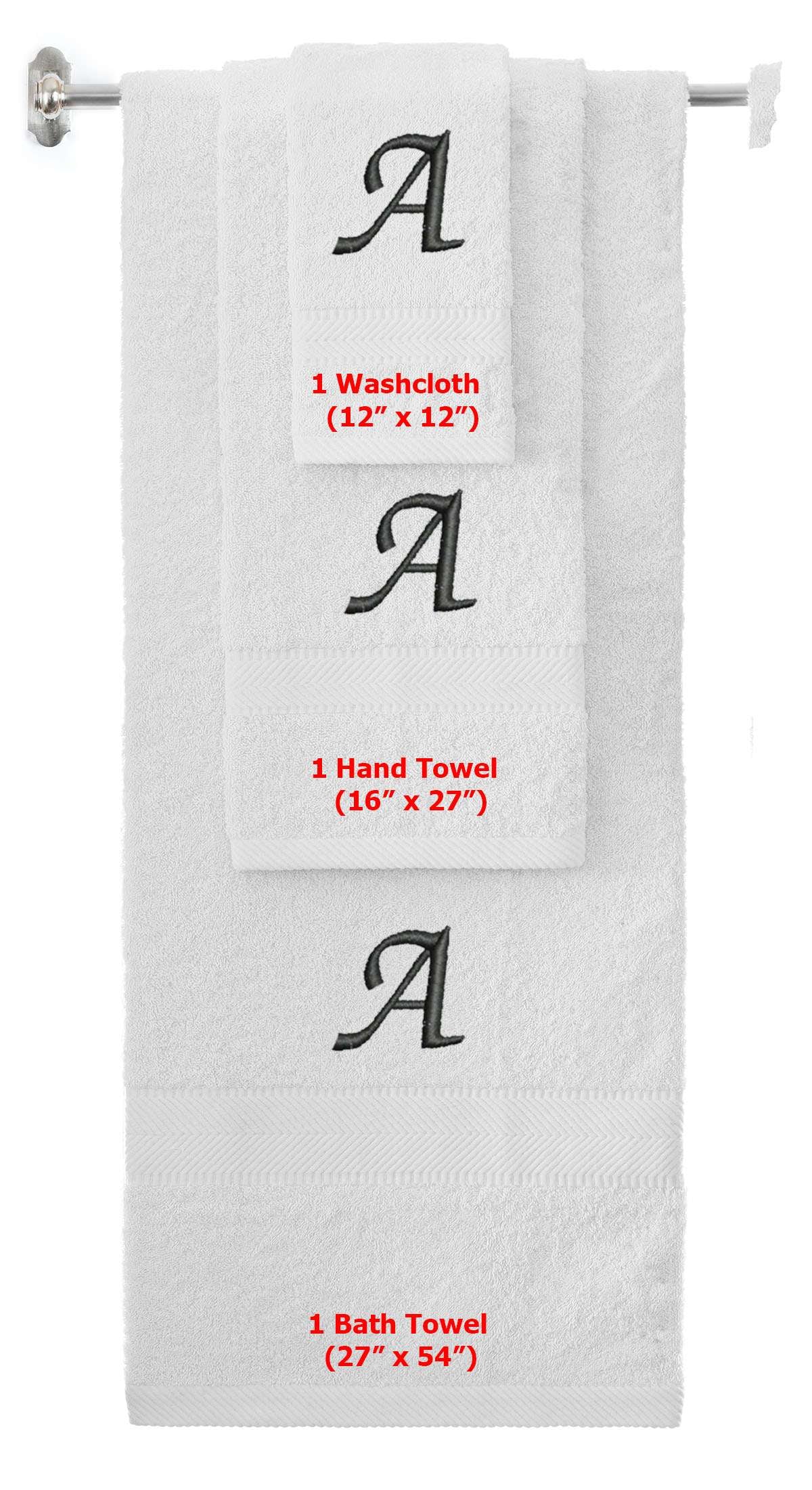 White monogrammed towel set with Black thread, Chancery font, initial A - 540 GSM cotton 3-piece Main image