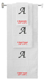 White monogrammed towel set with Black thread, Chancery font, initial A - 540 GSM cotton 3-piece