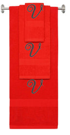 Red monogrammed towel set with Black thread, Diana Script font, initial V - 540 GSM cotton 3-piece