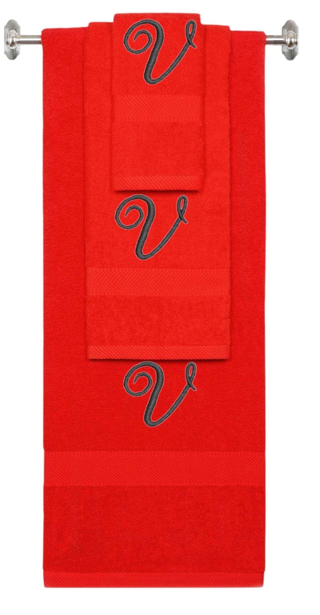 Red monogrammed towel set with Black thread, Diana Script font, initial V - 540 GSM cotton 3-piece