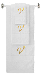 White monogrammed towel set with Gold thread, Chancery font, initial V - 540 GSM cotton 3-piece