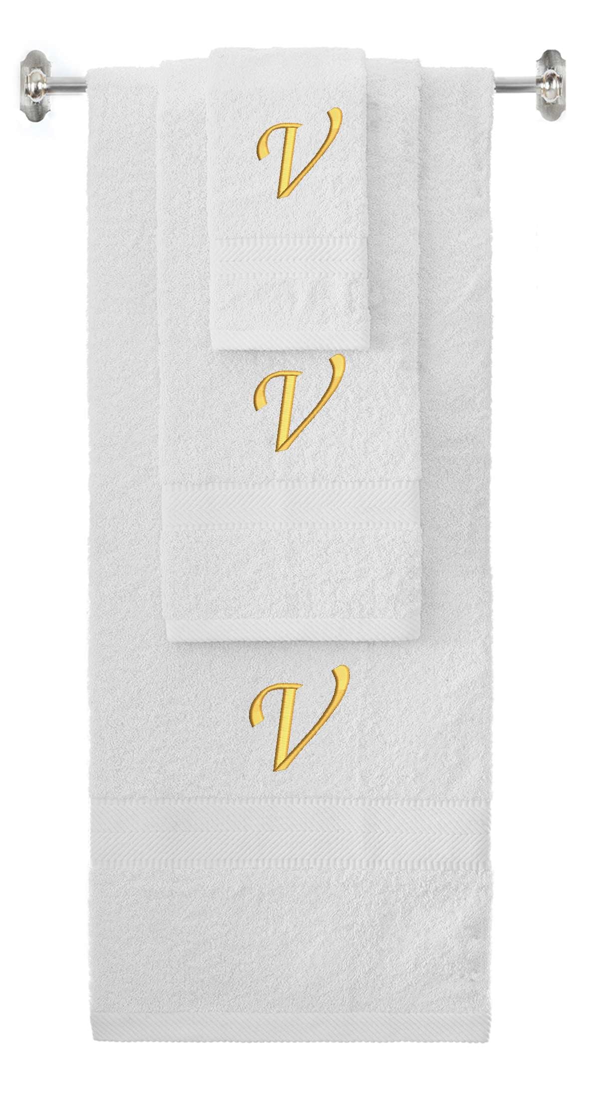 White monogrammed towel set with Gold thread, Chancery font, initial V - 540 GSM cotton 3-piece