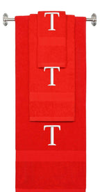 Red monogrammed towel set with White thread, Times New Roman font, initial T - 540 GSM cotton 3-piece