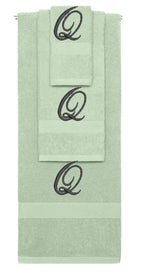 Mint Green monogrammed towel set with Black thread, Diana Script font, initial Q - 540 GSM cotton 3-piece