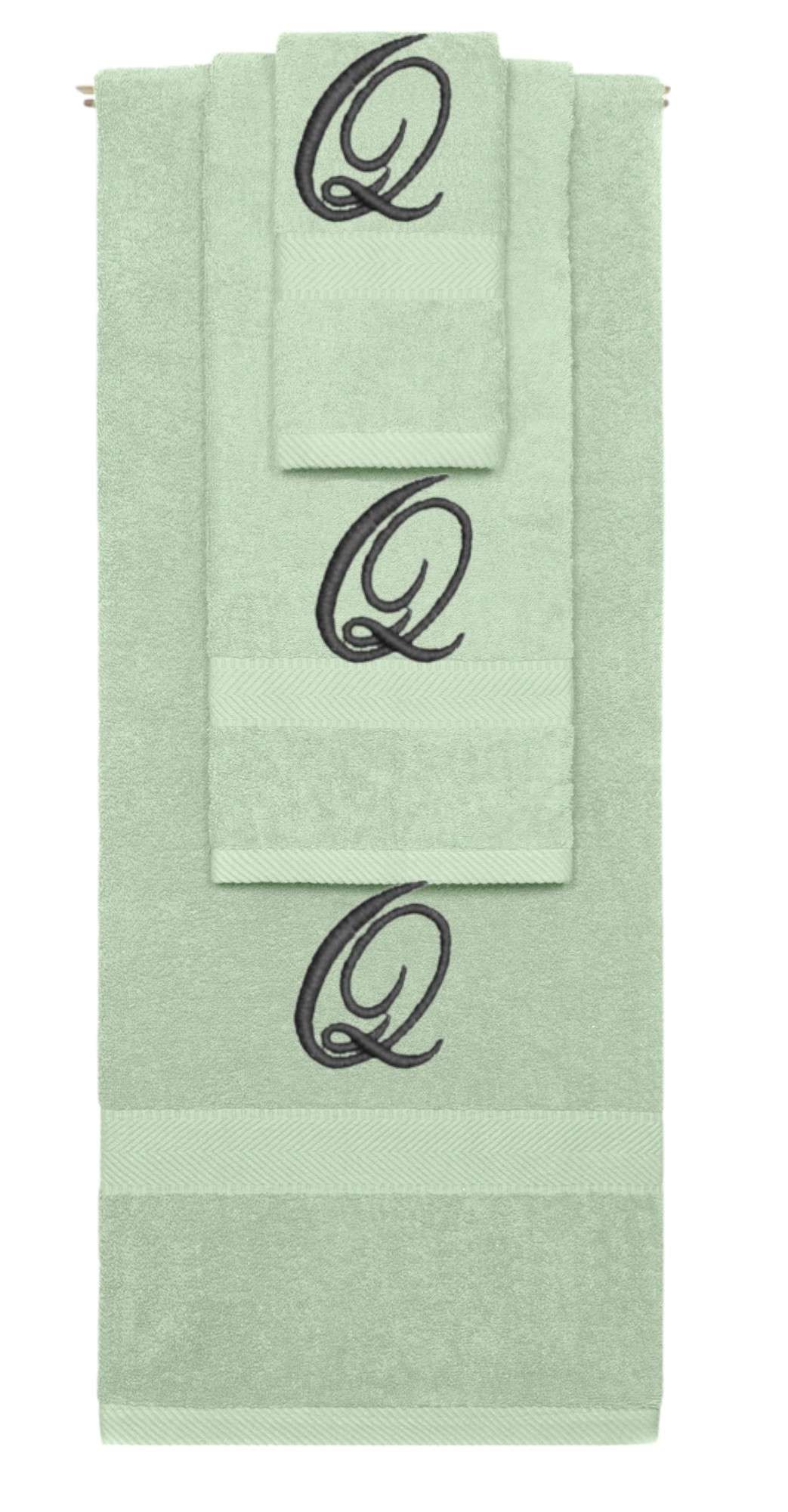 Mint Green monogrammed towel set with Black thread, Diana Script font, initial Q - 540 GSM cotton 3-piece