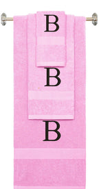 Pink monogrammed towel set with Black thread, Times New Roman font, initial B - 540 GSM cotton 3-piece