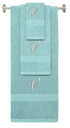 Nautical Teal monogrammed towel set with Silver thread, Chancery font, initial U - 540 GSM cotton 3-piece