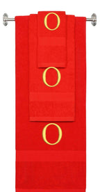Red monogrammed towel set with Gold thread, Times New Roman font, initial O - 540 GSM cotton 3-piece