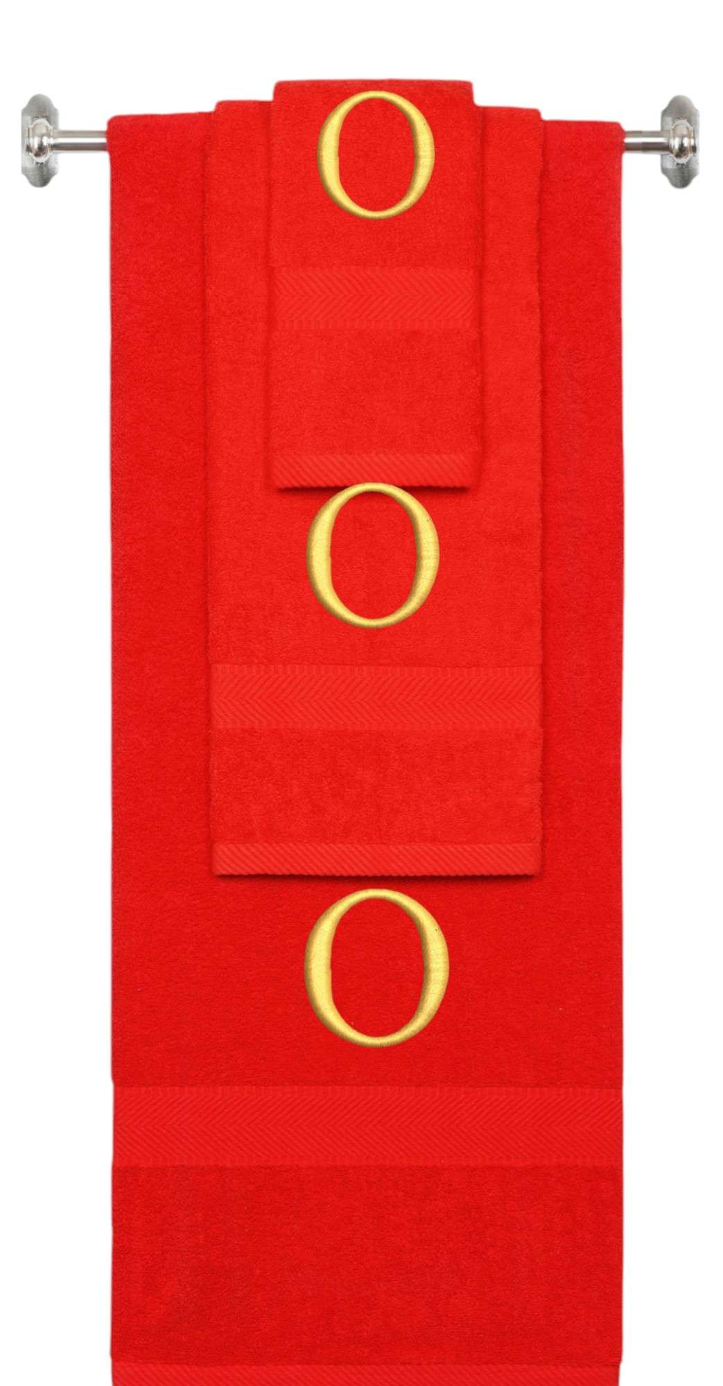 Red monogrammed towel set with Gold thread, Times New Roman font, initial O - 540 GSM cotton 3-piece