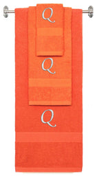Orange monogrammed towel set with Silver thread, Chancery font, initial Q - 540 GSM cotton 3-piece