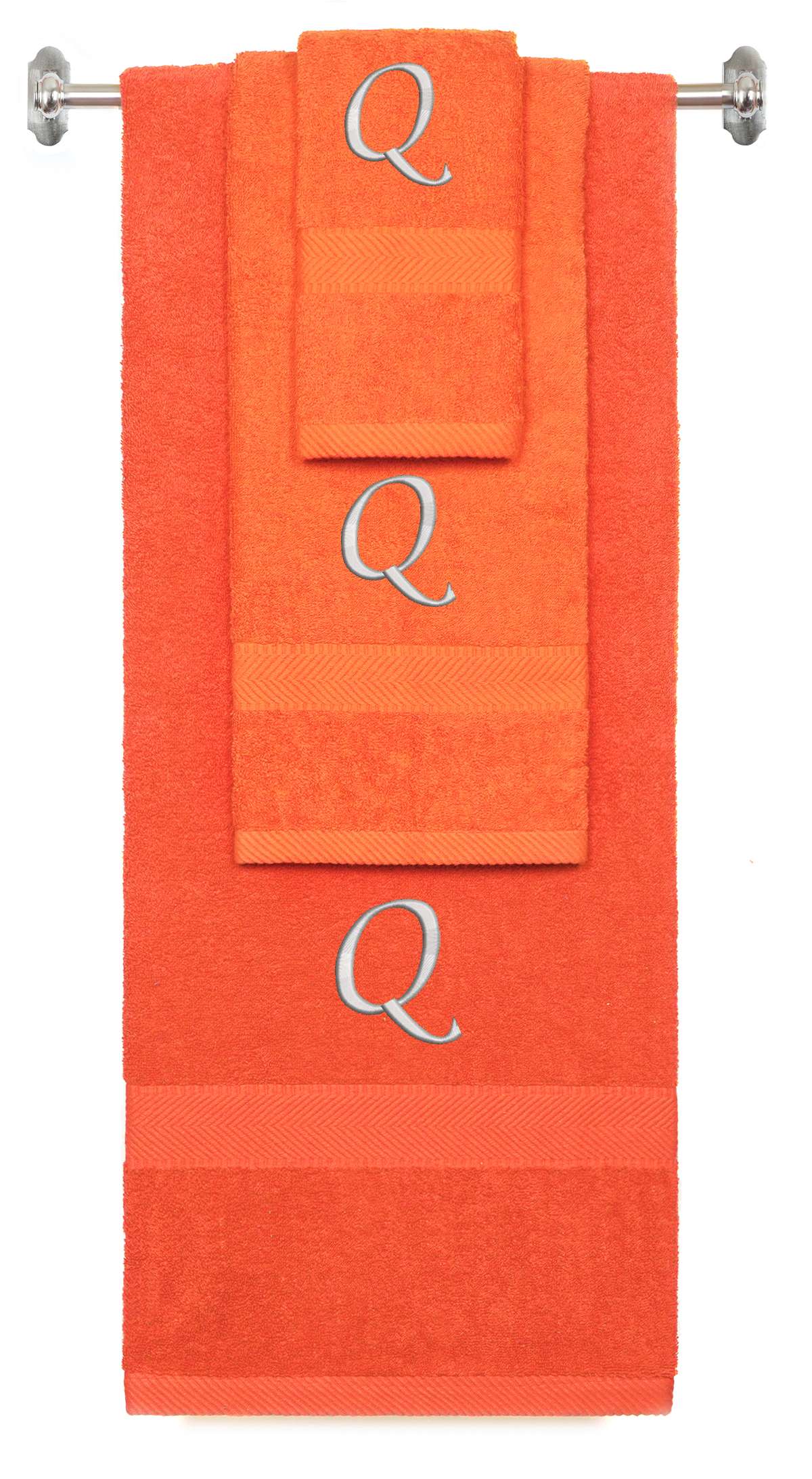 Orange monogrammed towel set with Silver thread, Chancery font, initial Q - 540 GSM cotton 3-piece