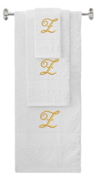 White monogrammed towel set with Gold thread, Diana Script font, initial Z - 540 GSM cotton 3-piece