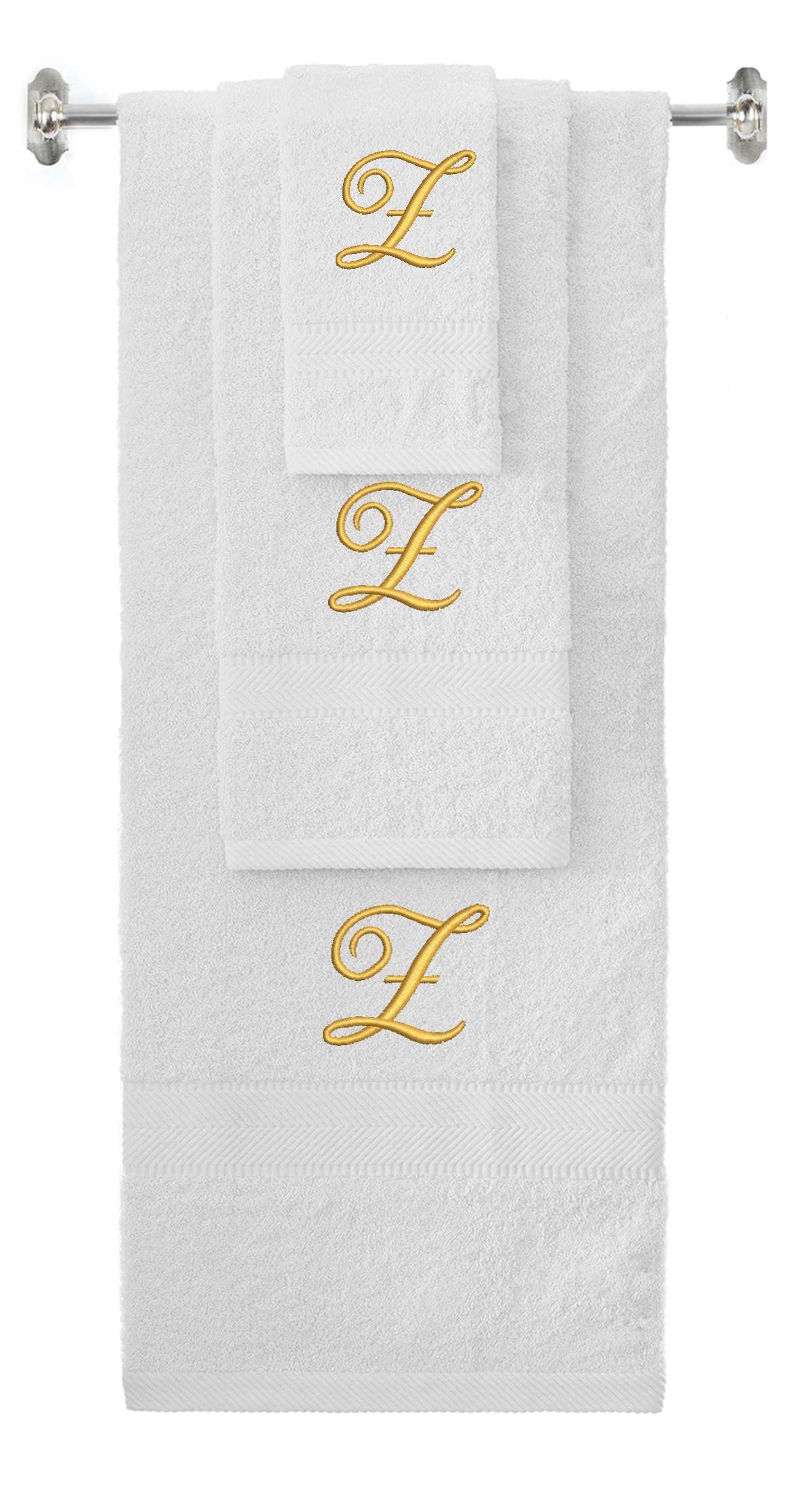 White monogrammed towel set with Gold thread, Diana Script font, initial Z - 540 GSM cotton 3-piece