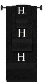 Black monogrammed towel set with White thread, Times New Roman font, initial H - 540 GSM cotton 3-piece
