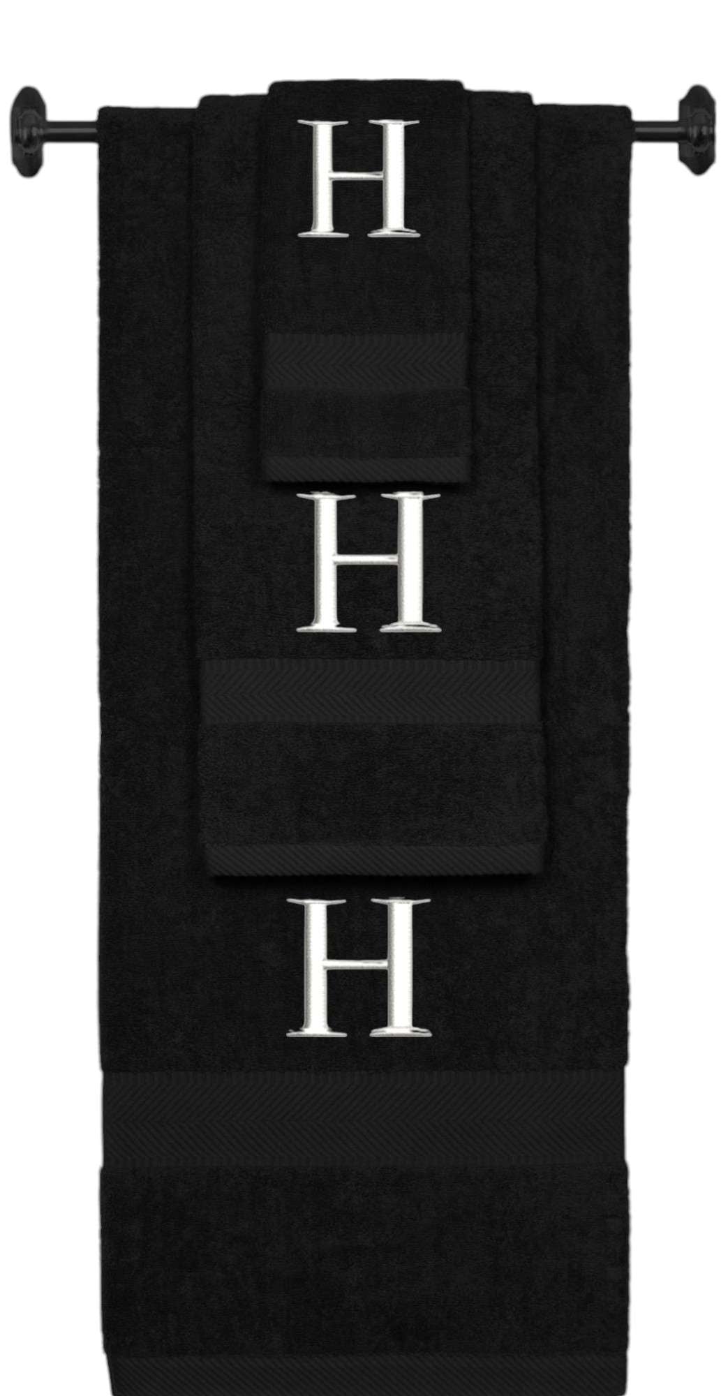 Black monogrammed towel set with White thread, Times New Roman font, initial H - 540 GSM cotton 3-piece