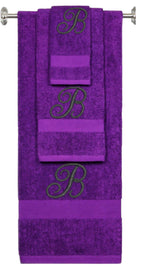 Purple monogrammed towel set with Black thread, Diana Script font, initial B - 540 GSM cotton 3-piece