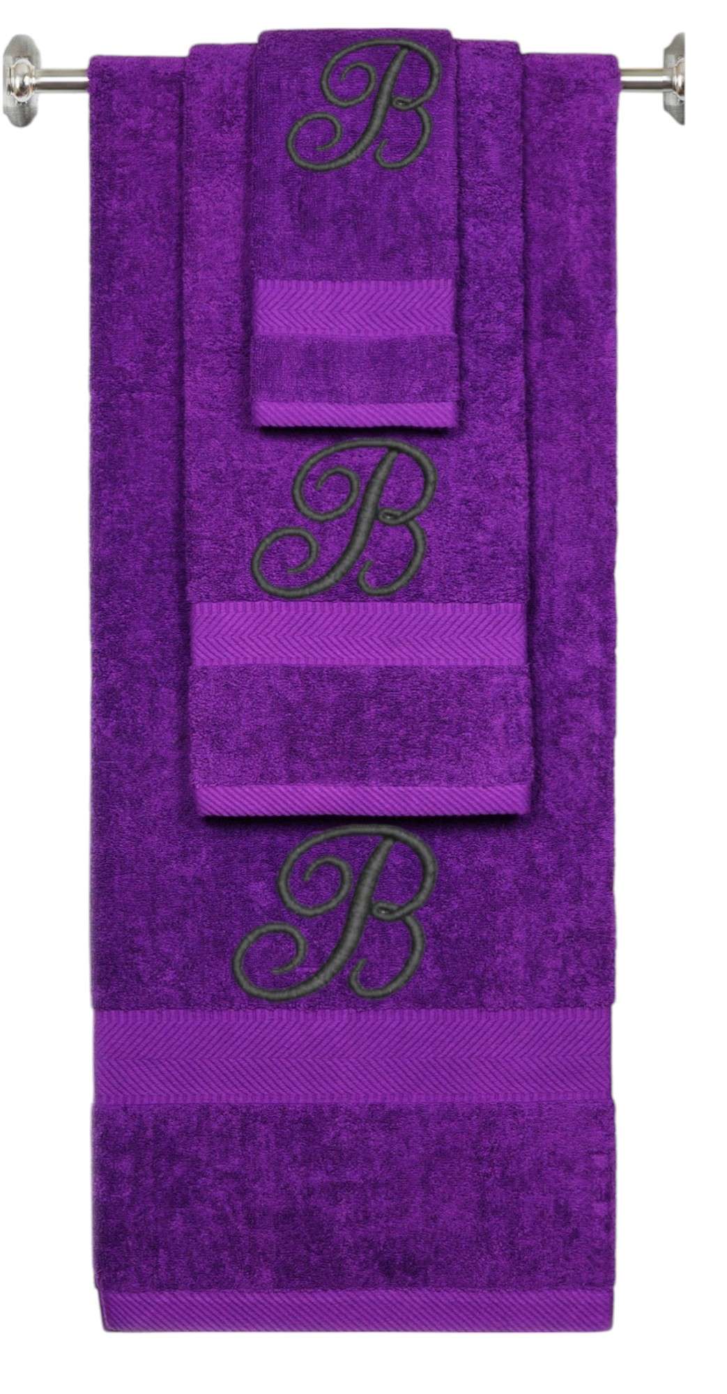 Purple monogrammed towel set with Black thread, Diana Script font, initial B - 540 GSM cotton 3-piece