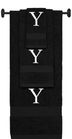 Black monogrammed towel set with White thread, Times New Roman font, initial Y - 540 GSM cotton 3-piece