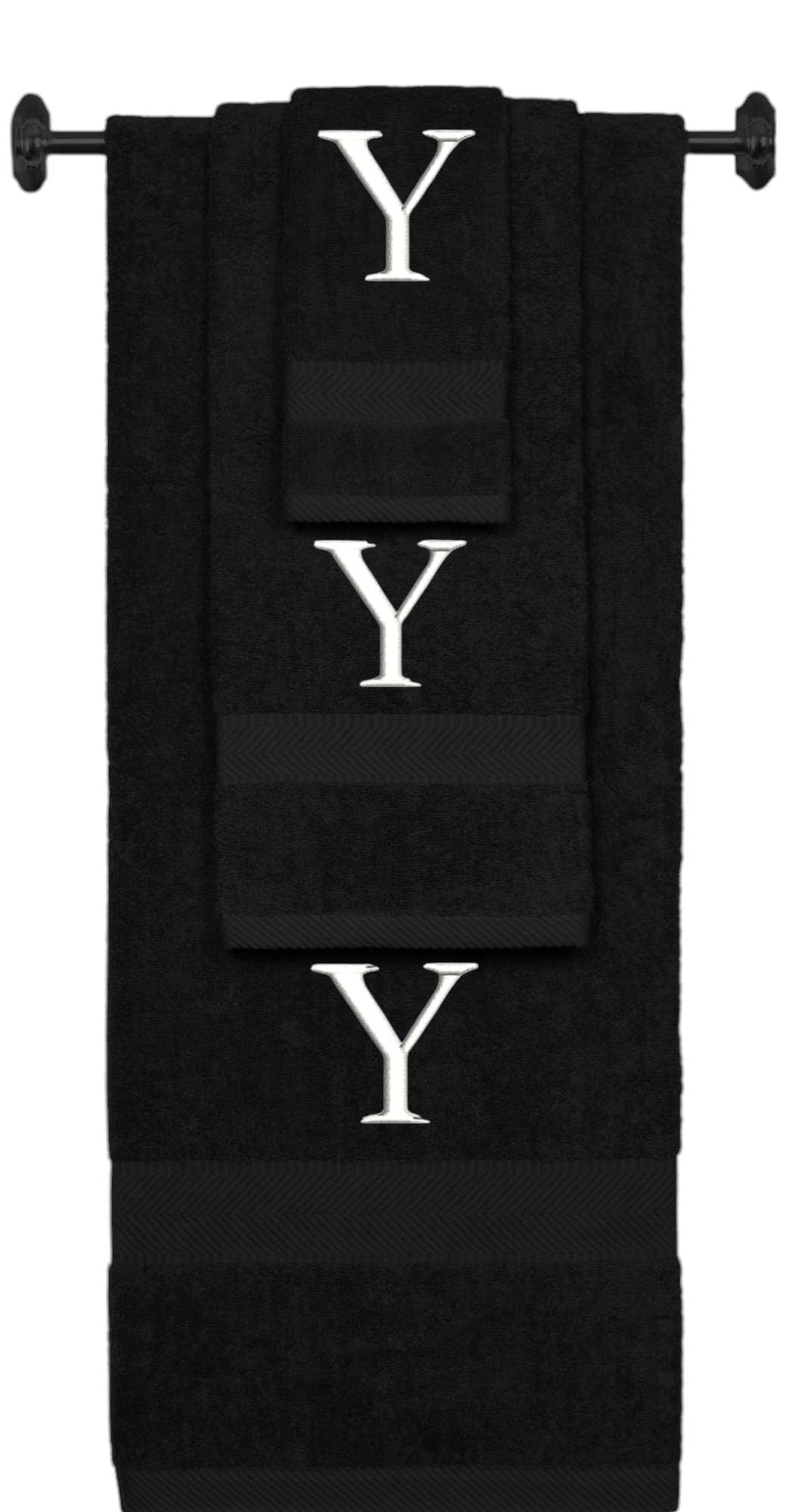 Black monogrammed towel set with White thread, Times New Roman font, initial Y - 540 GSM cotton 3-piece