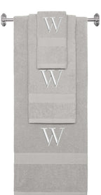 Silver monogrammed towel set with Silver thread, Times New Roman font, initial W - 540 GSM cotton 3-piece